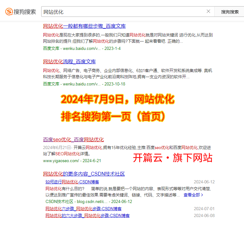 開篇云旗下網站，搜索關鍵詞“網站優化”排名搜狗搜索引擎第一頁。