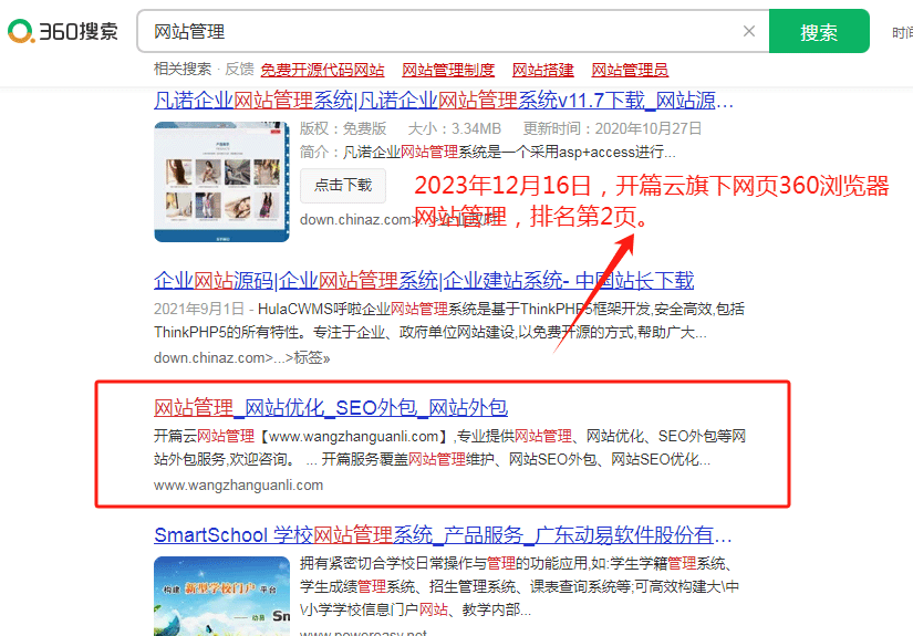 12月16日，360搜素引擎關(guān)鍵詞排名情況：開篇云旗下網(wǎng)站管理網(wǎng)站，關(guān)鍵詞排名360第2頁。